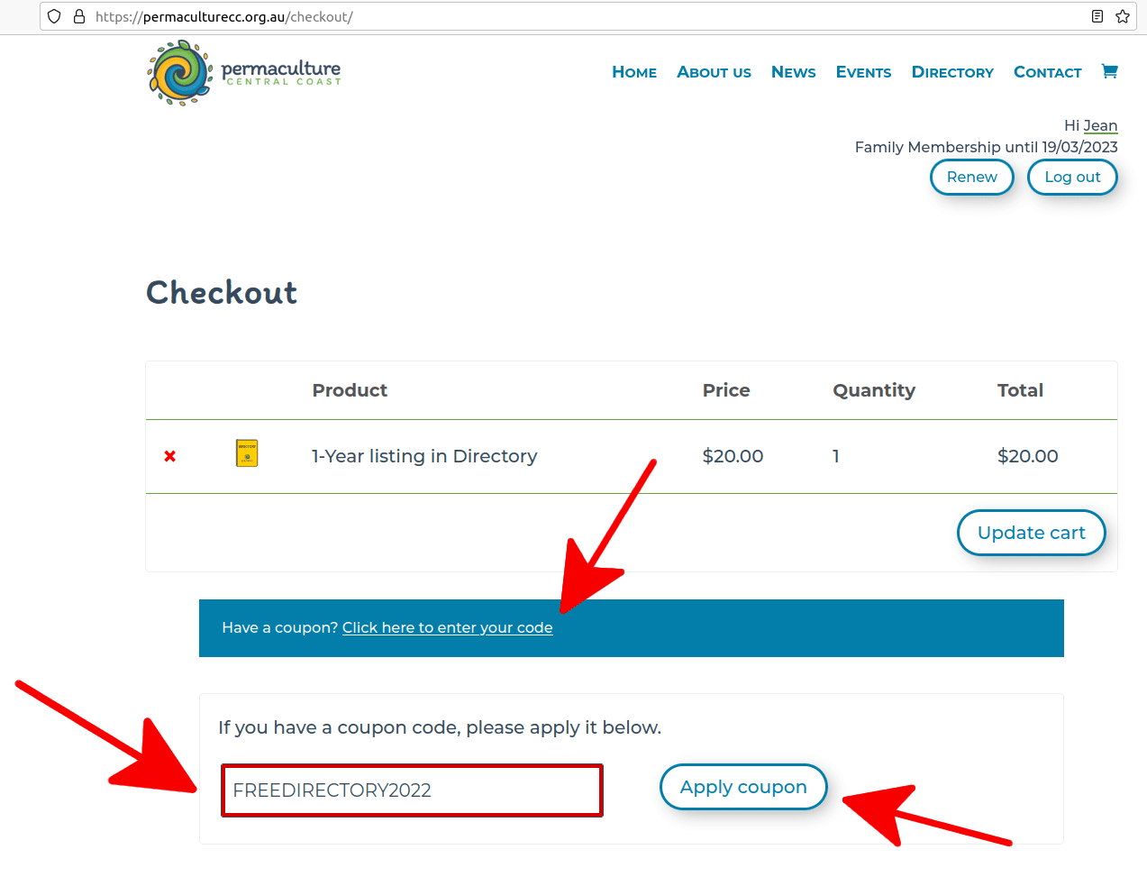 Screenshot of the Checkout page showing how to input the coupon code