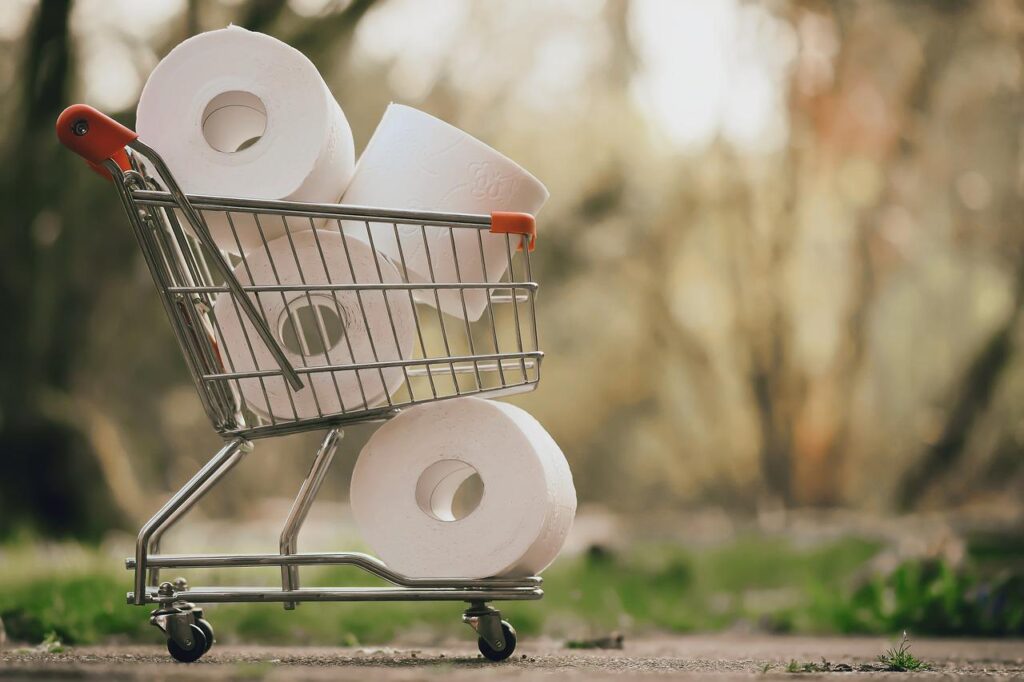 Small shopping trolley filled with toilet paper rolls